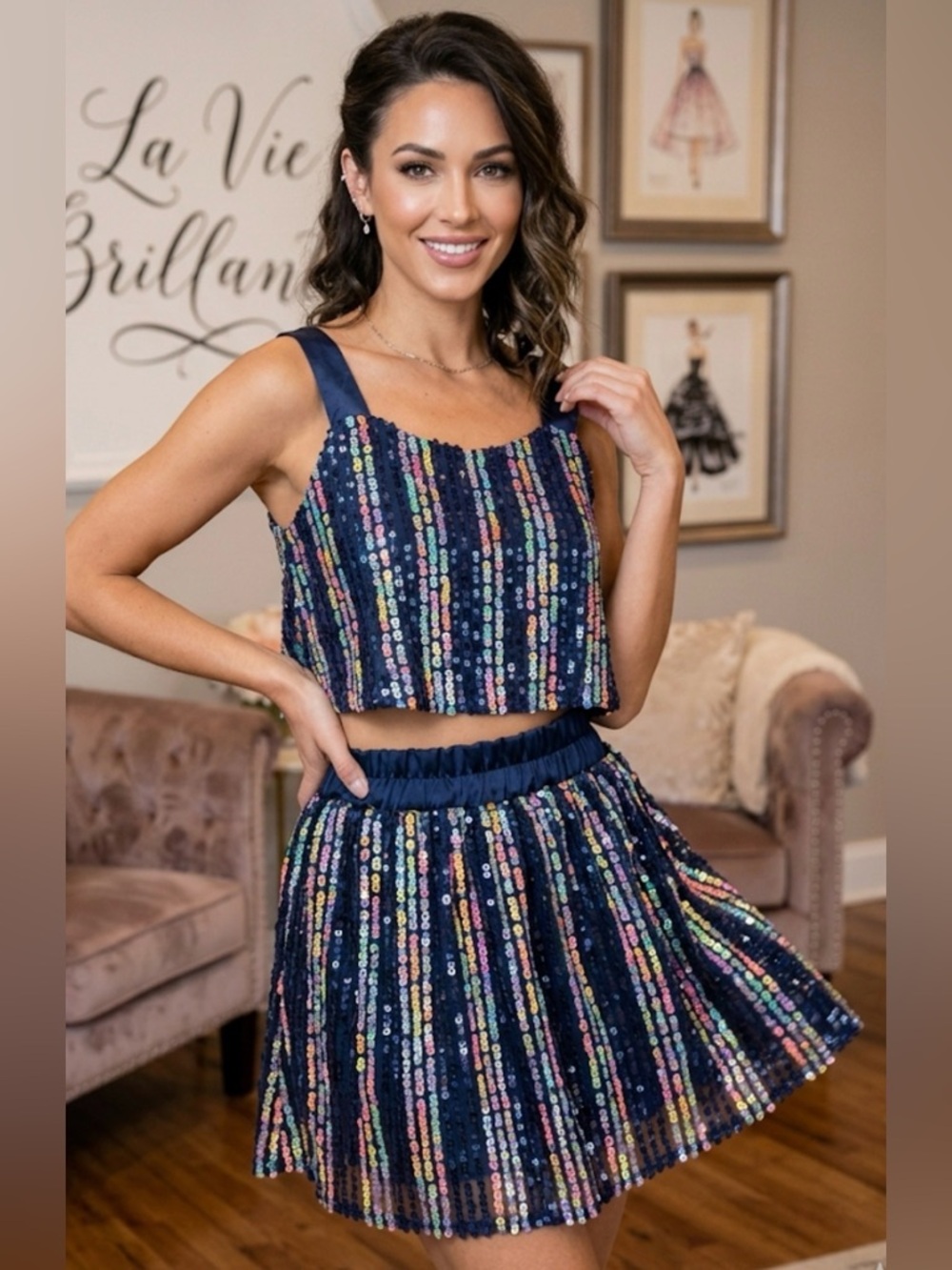 New! QUEEN OF SPARKLES Navy and Rainbow Sequin Two-Piece Set